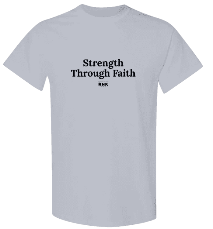 White youth faith hockey T-shirt with black text