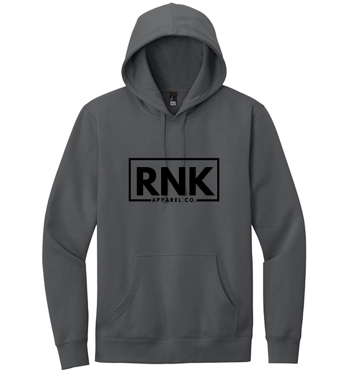 Unisex RNK Apparel Co. fleece hoodie in gray, featuring a front pocket and drawstring hood, casual and comfortable for everyday wear.