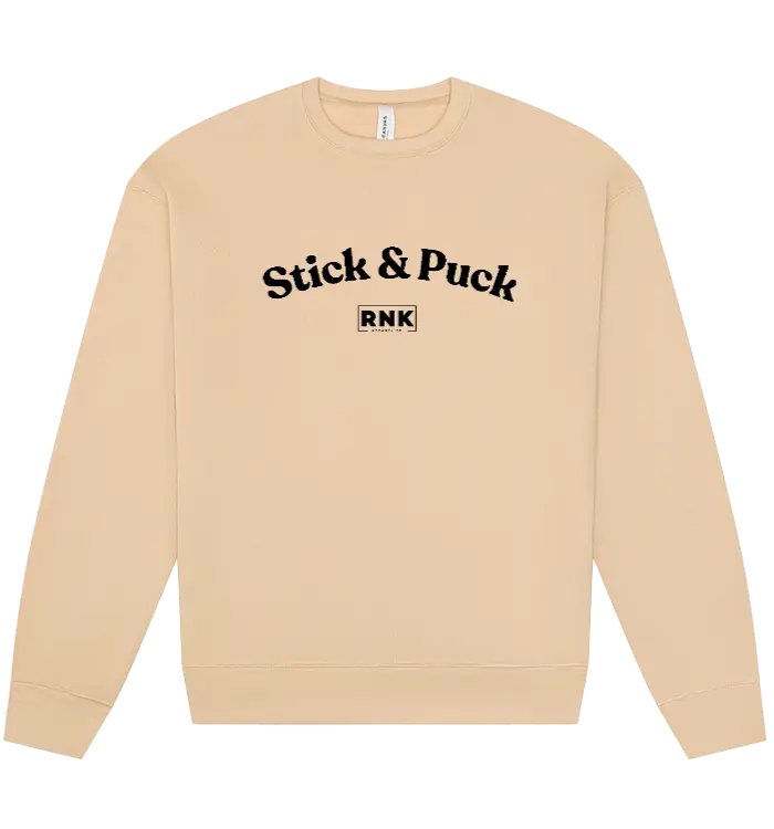 Unisex RNK Apparel Co. fleece crewneck sweatshirt with Stick & Puck graphic, soft fabric, and casual fit, shown in front view.