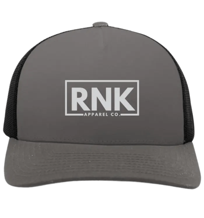 RNK Adult Unisex Trucker Hat in white with RNK Apparel Co. logo on front, adjustable mesh back for casual style.
