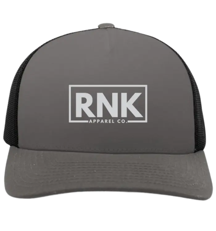 RNK Adult Unisex Trucker Hat in white with RNK Apparel Co. logo on front, adjustable mesh back for casual style.