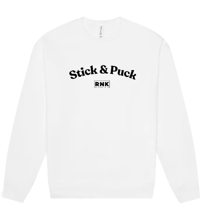 RNK Unisex fleece crewneck sweatshirt with Stick & Puck graphic featuring a hockey-themed design and comfortable fit.