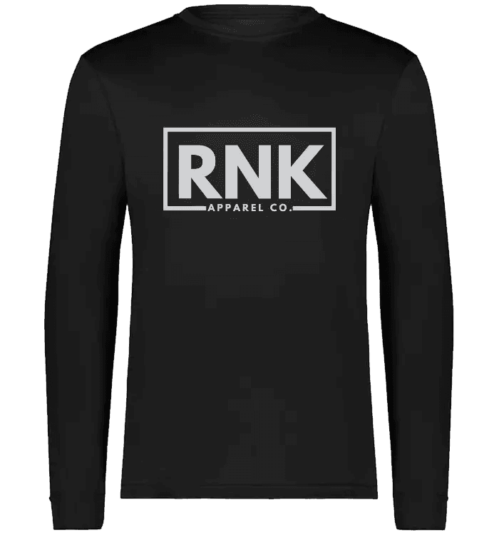 Unisex RNK Apparel Co. performance long sleeve T-shirt in white, made of 100% polyester with a fitted athletic design.