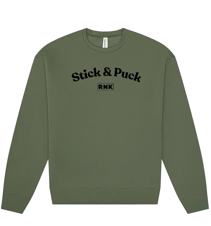 RNK Unisex fleece crewneck sweatshirt with Stick & Puck hockey graphic, soft fabric, and comfortable fit.