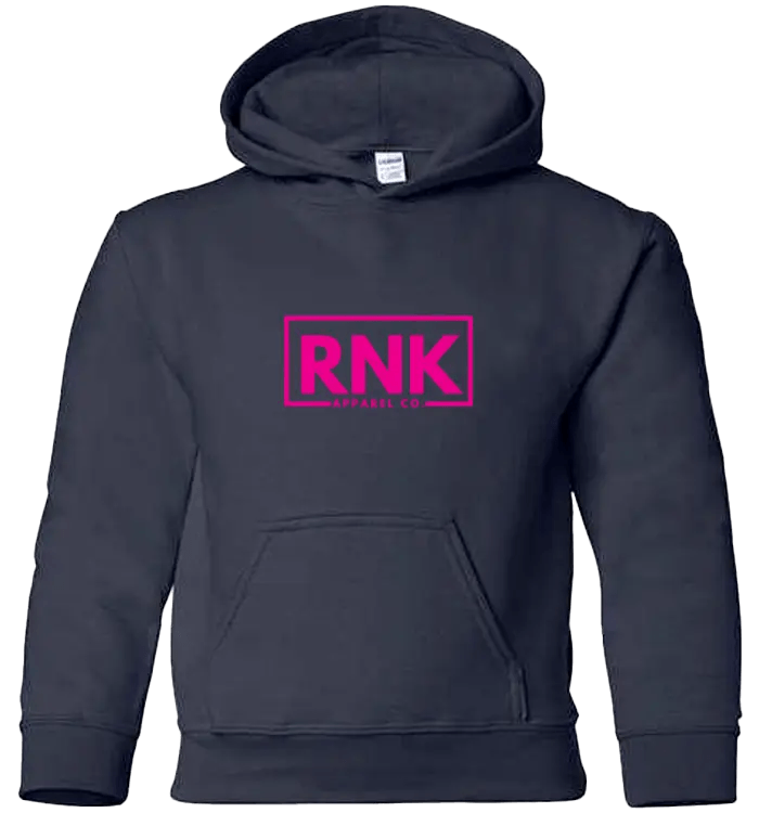 Pink RNK Youth Heavy Blend Hoodie with logo, featuring a hood, long sleeves, and a comfortable casual fit.