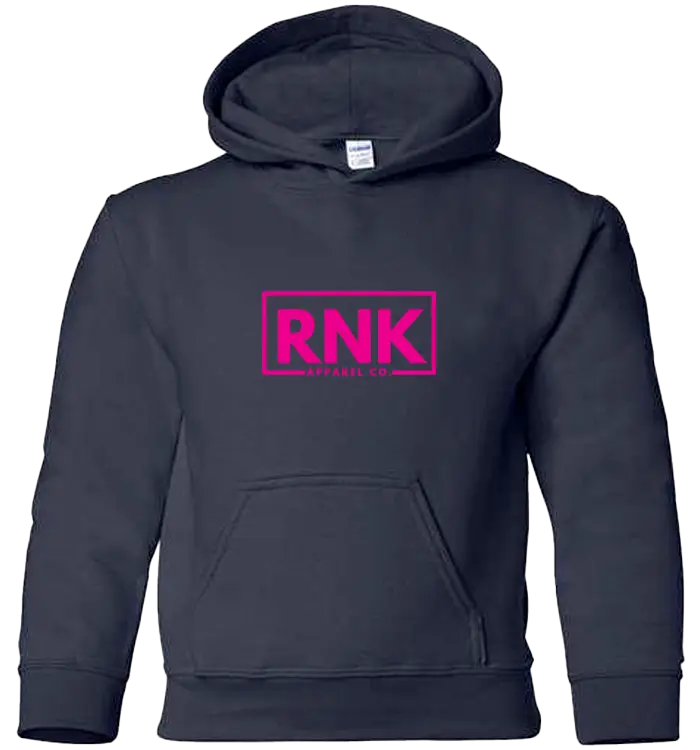 Pink RNK Youth Heavy Blend Hoodie with logo, featuring a hood, long sleeves, and a comfortable casual fit.