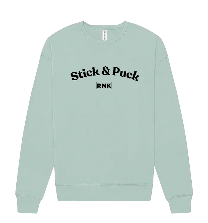 RNK Apparel Co. unisex fleece crewneck sweatshirt with Stick & Puck graphic design, soft and cozy for casual wear