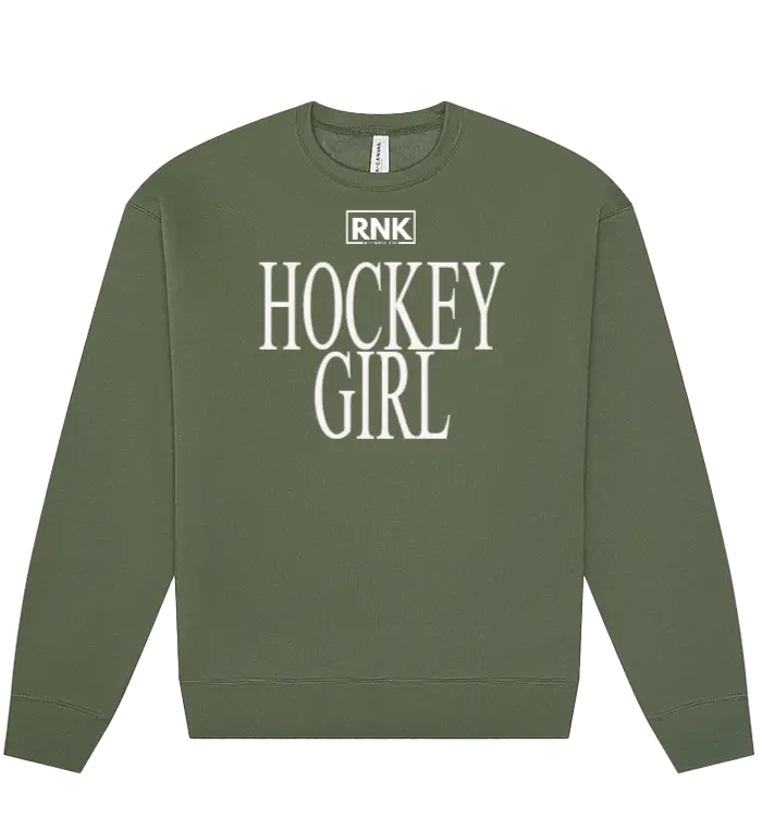 RNK Unisex fleece crewneck sweatshirt featuring a hockey girl graphic, soft fabric, and casual fit for comfortable everyday wear.