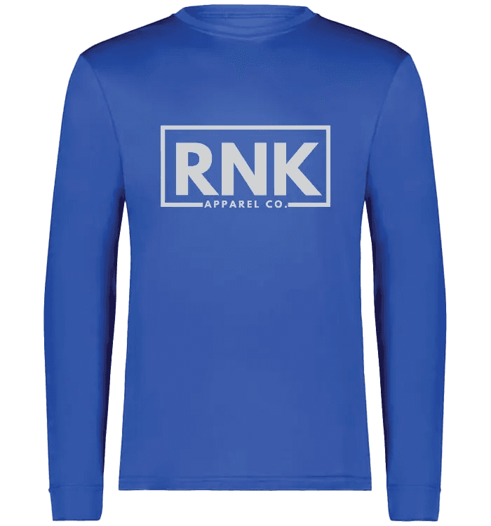 Unisex RNK Apparel Co. performance long sleeve T-shirt in white, made of 100% polyester, with a fitted design and crew neckline.