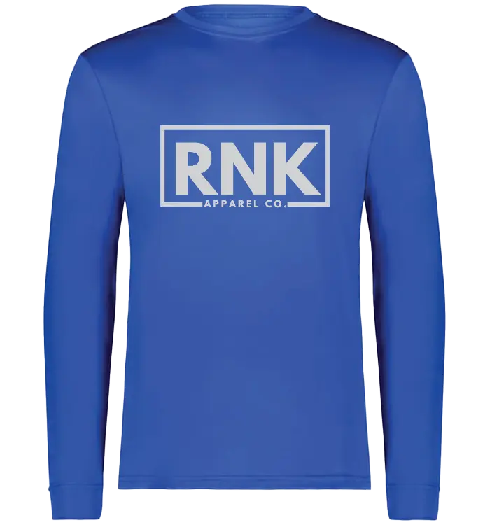 Unisex RNK Apparel Co. performance long sleeve T-shirt in white, made of 100% polyester, with a fitted design and crew neckline.