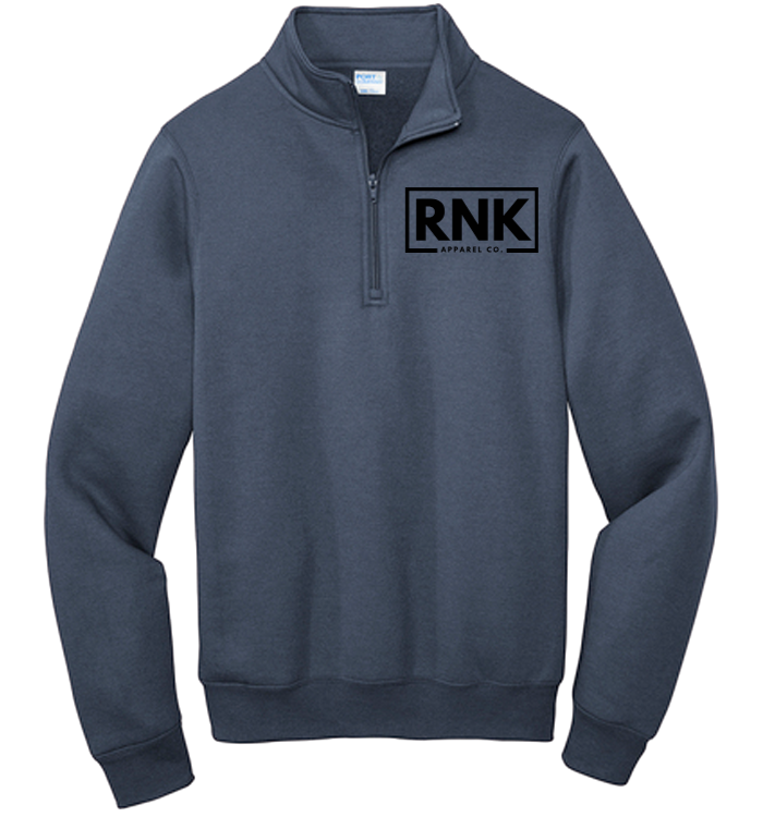 Premium navy hockey quarter zip fleece from RNK Apparel Co featuring a high collar and soft fleece material.