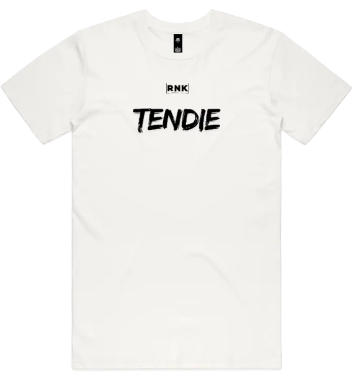 Unisex RNK Tendie graphic T-shirt in white, made of combed cotton with colorful tendie design on front, casual streetwear style