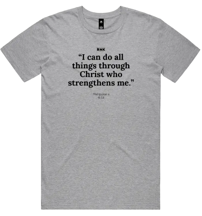 Unisex RNK Apparel Co. cotton T-shirt with "I Can Do All Things" graphic print, casual and comfortable fit.