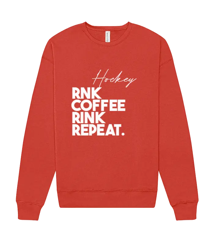 Unisex RNK Apparel Co. fleece crewneck sweatshirt with coffee Rink Repeat graphic and cozy fleece fabric.