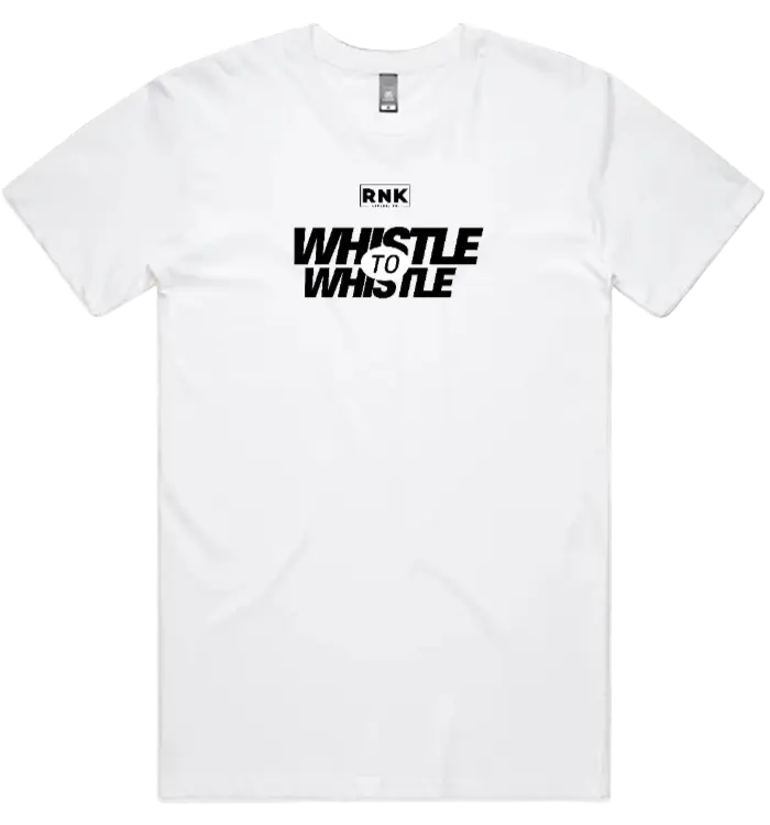 Unisex RNK “Whistle to Whistle” cotton T-shirt featuring a comfortable fit and casual style, shown in a natural pose.