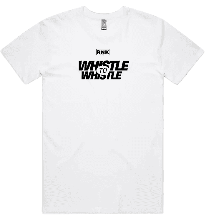 Unisex RNK “Whistle to Whistle” cotton T-shirt featuring a comfortable fit and casual style, shown in a natural pose.