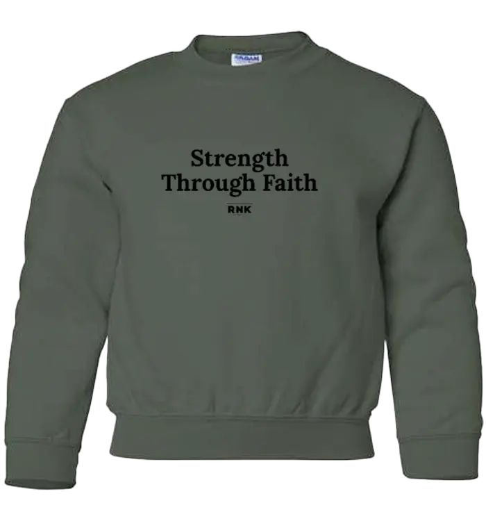 RNK Youth crewneck sweatshirt with "Strength Through Faith" graphic, navy blue color, and comfortable fit from RNK Apparel Co.