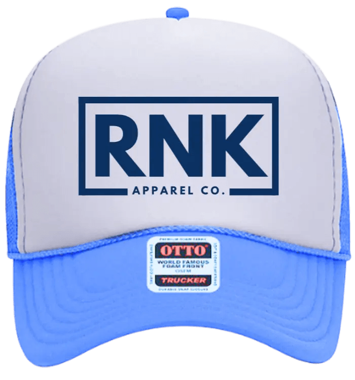 Navy hockey trucker hat with logo from RNK Apparel Co, featuring mesh back and adjustable snap closure.
