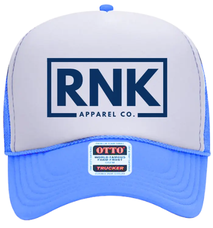 Navy hockey trucker hat with logo from RNK Apparel Co, featuring mesh back and adjustable snap closure.