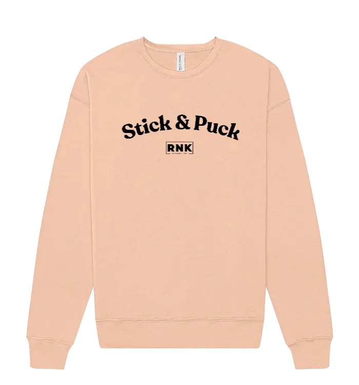 Unisex RNK fleece crewneck sweatshirt with stick and puck graphic, beige color, casual athletic style.