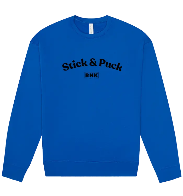 Unisex RNK Apparel Co. fleece crewneck sweatshirt with Stick & Puck hockey graphic in navy and white, casual and comfortable fit