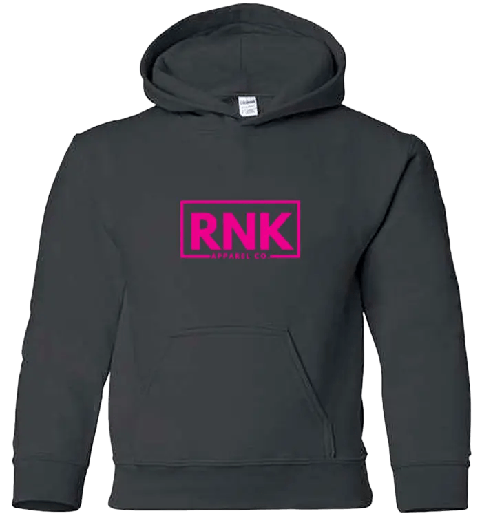 Pink RNK Youth Heavy Blend Hoodie with logo, showcasing a comfortable hooded sweatshirt for kids by RNK Apparel Co.
