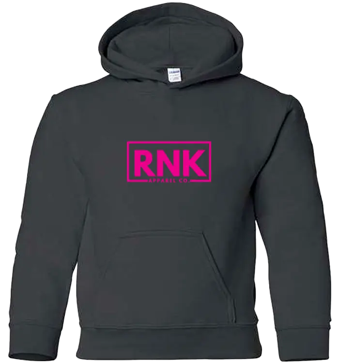 Pink RNK Youth Heavy Blend Hoodie with logo, showcasing a comfortable hooded sweatshirt for kids by RNK Apparel Co.