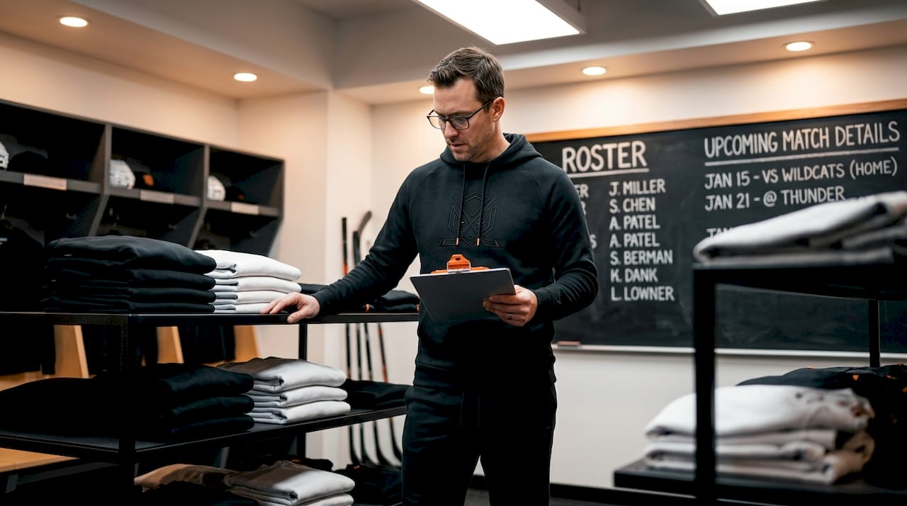 Coach reviewing youth hockey sweatshirts inventory