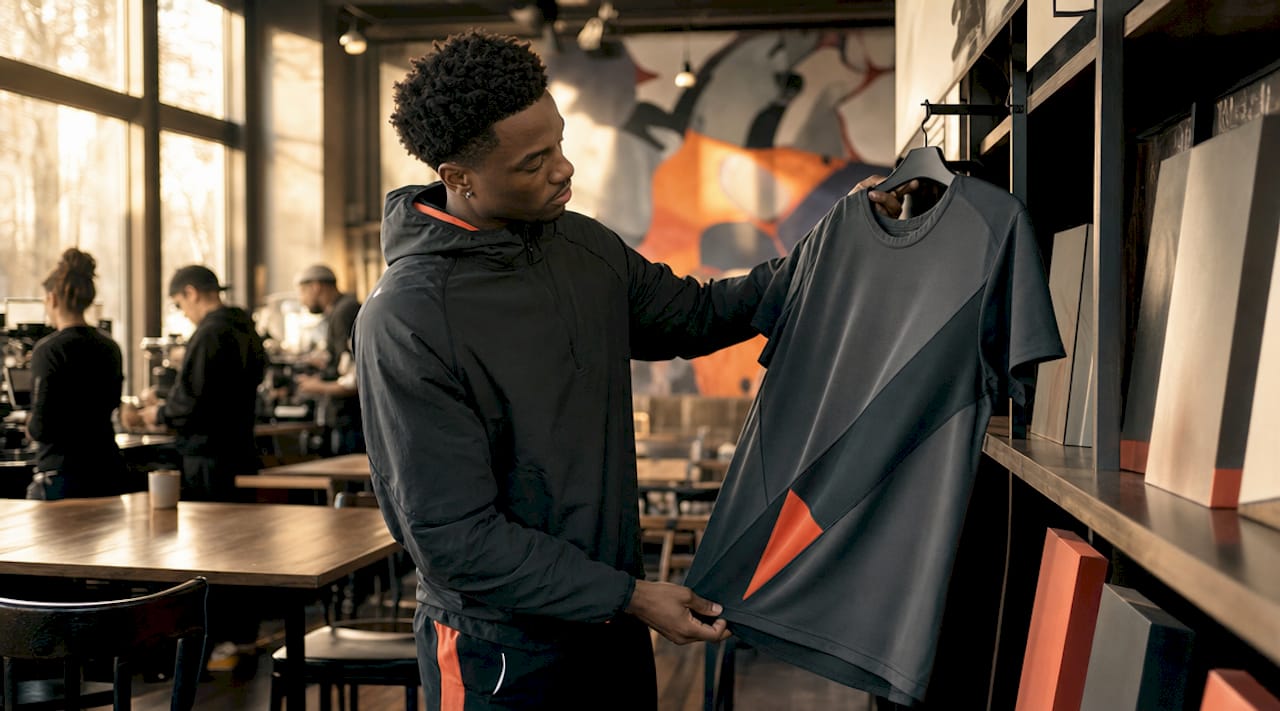 Athlete selecting athletic cut sportswear in store