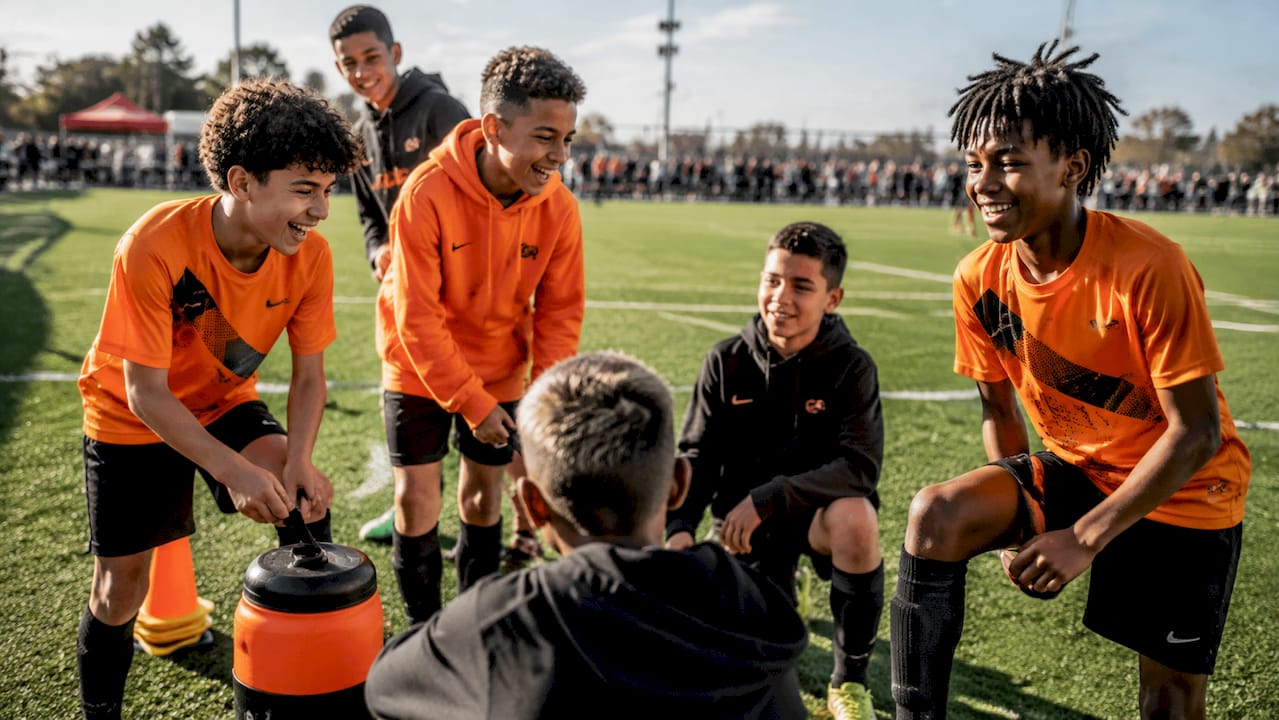 Youth athletes wearing team spirit wear on field