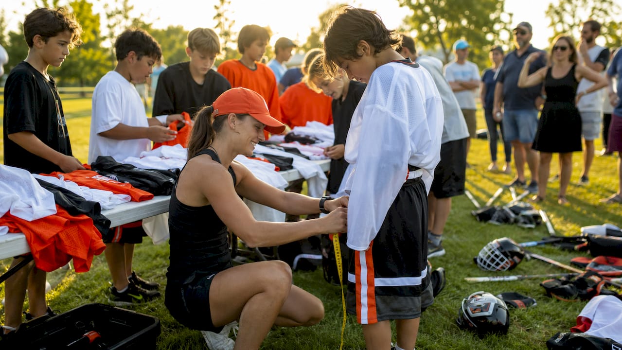 Youth hockey team trying on apparel with coach measuring sizes