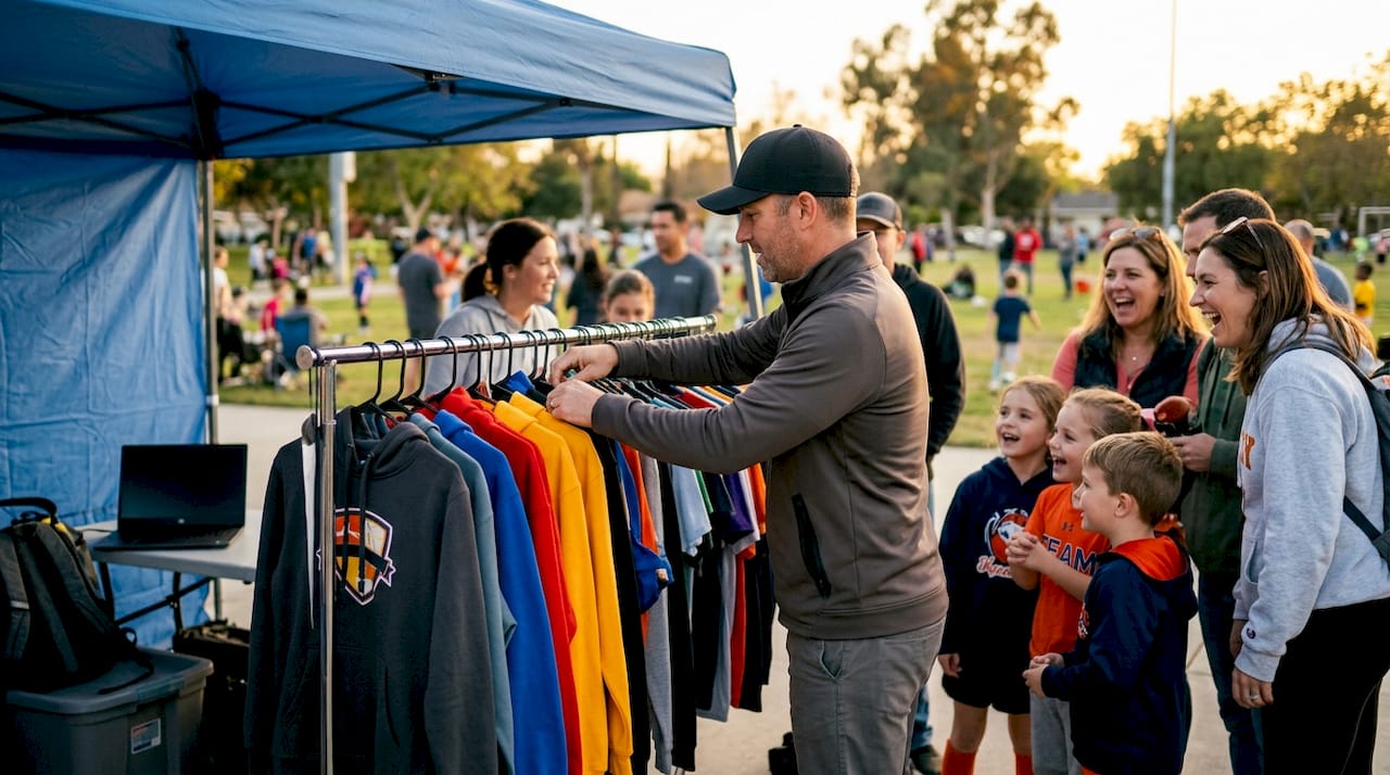 Coach organizing spirit wear at sports field fundraiser