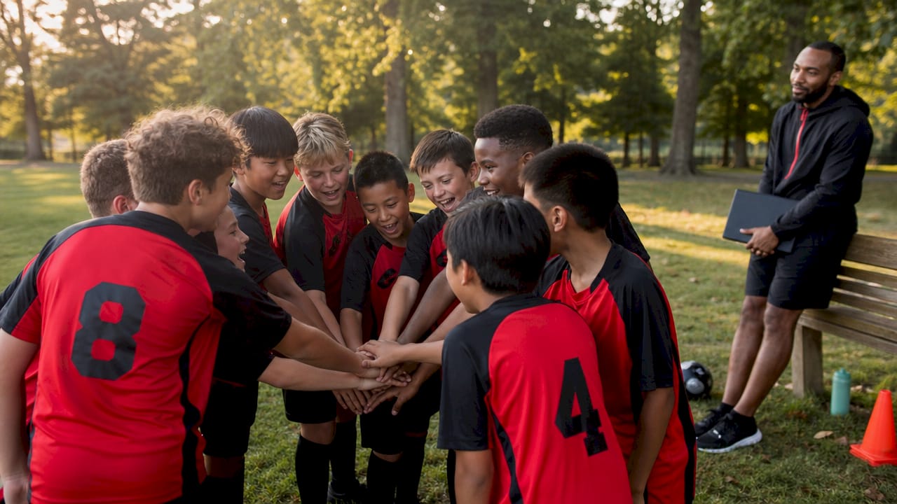Youth soccer team in matching jerseys huddled