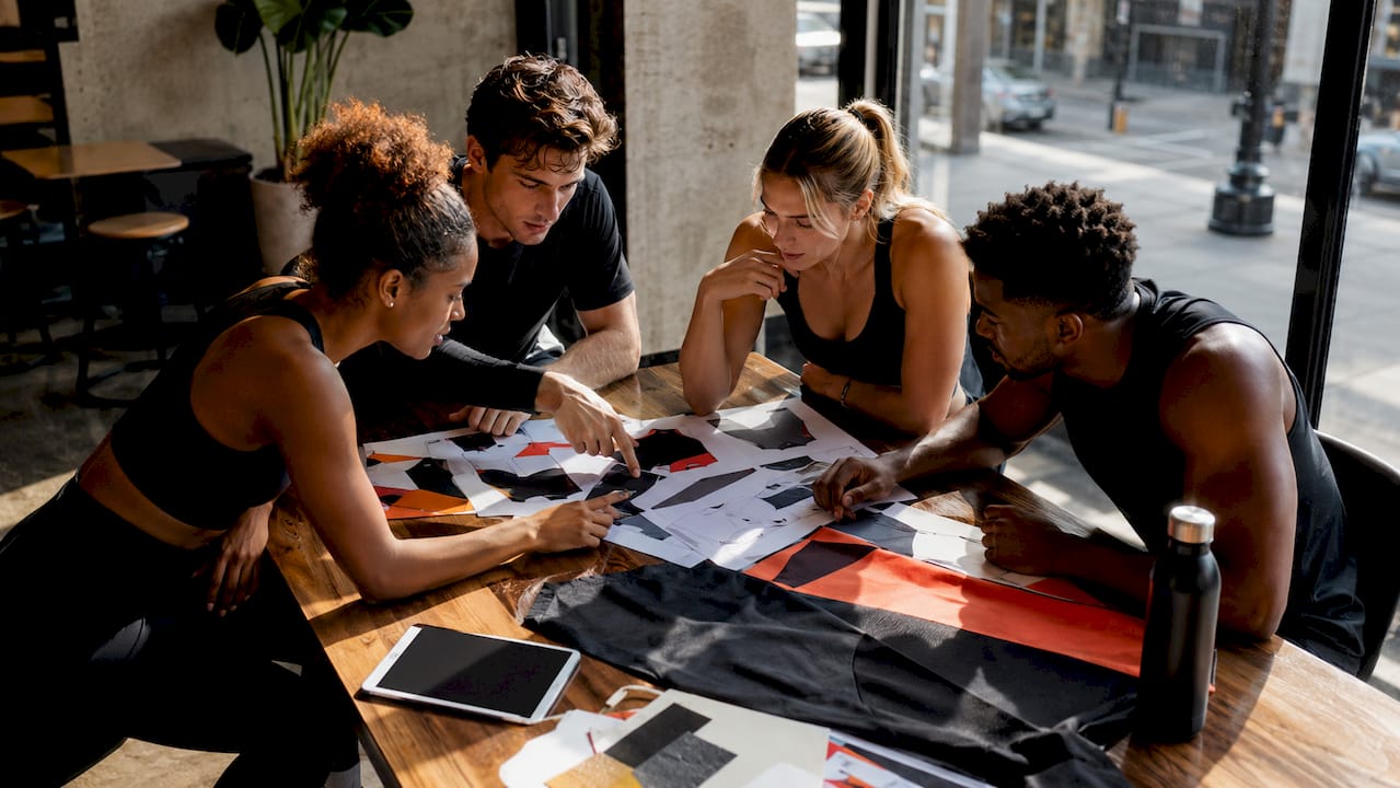 Athletes collaborating over custom sports apparel designs