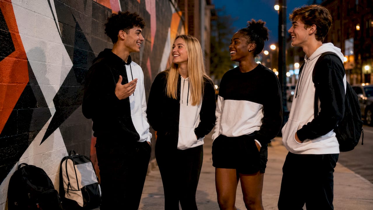 Students wearing colorful spirit wear outside school