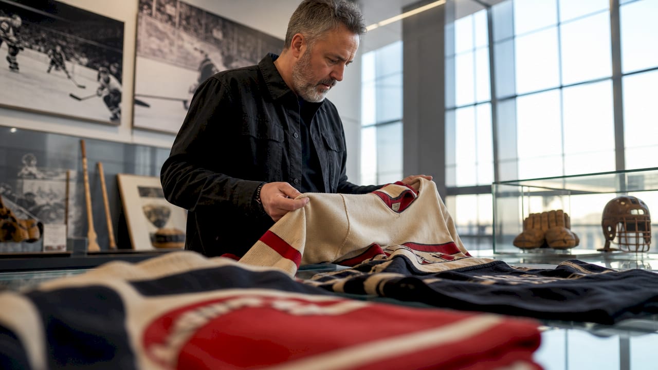 Historian examining vintage hockey jerseys