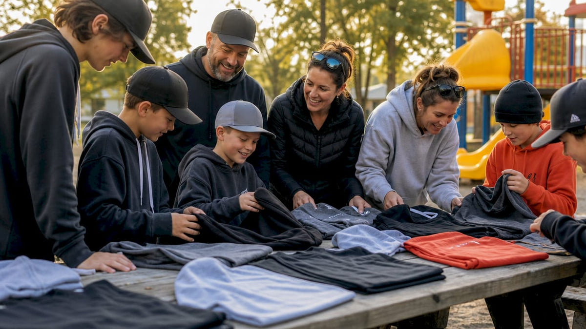 Group reviewing youth hockey fundraiser apparel samples
