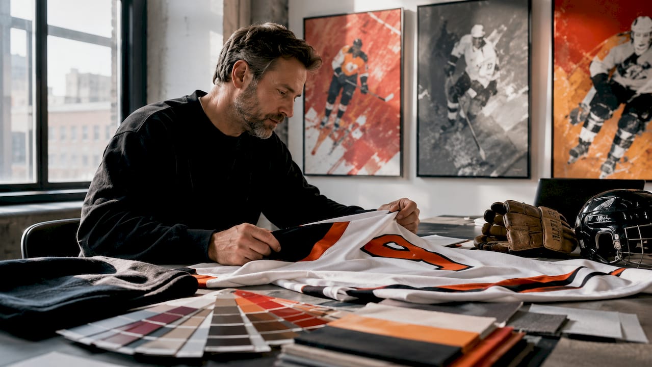Person examining vintage hockey jersey in workshop