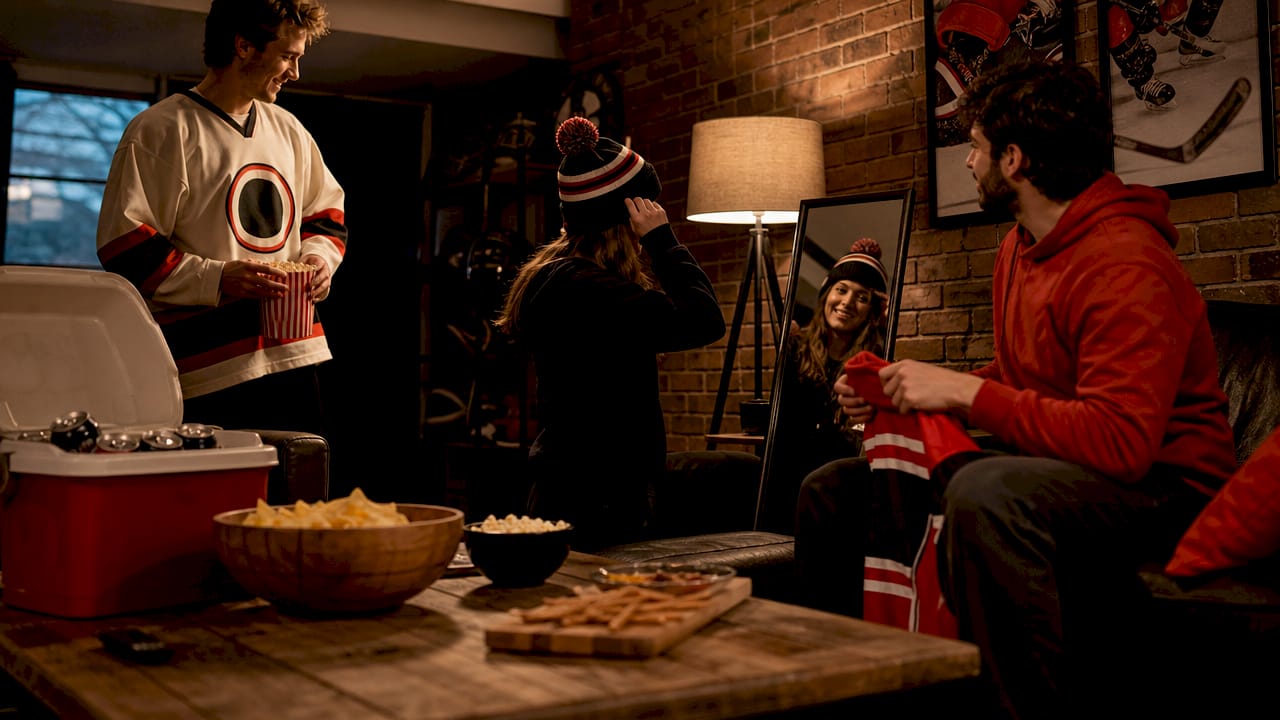 Hockey fans preparing with team apparel indoors