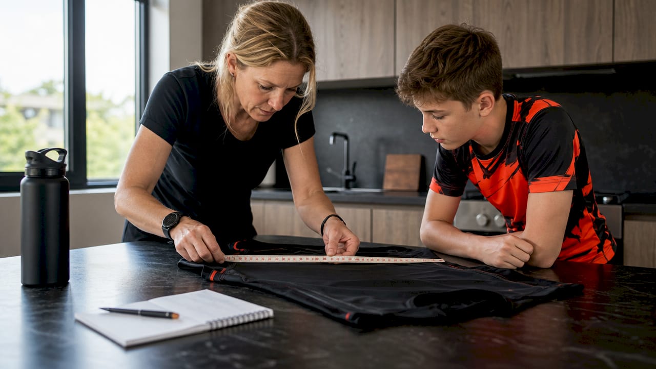 Parent measuring youth hockey shirt