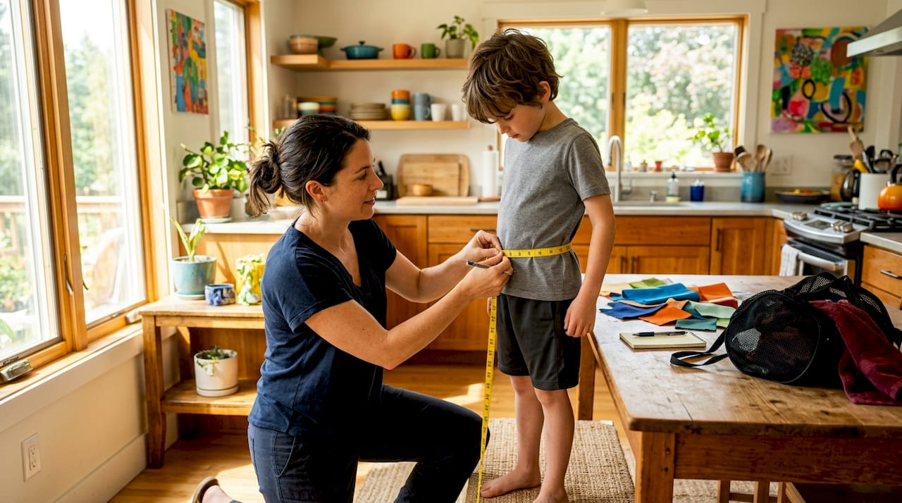Mother measuring child’s chest for apparel sizing