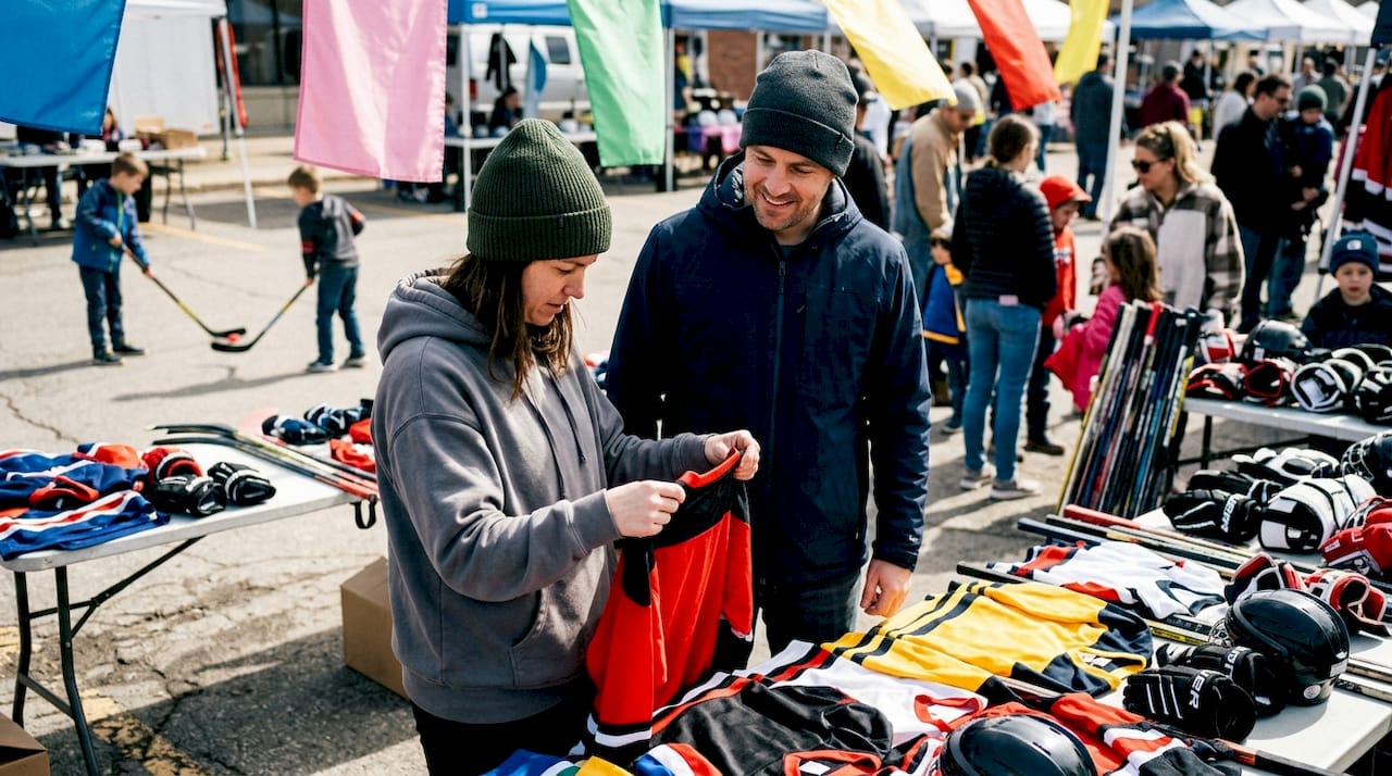 Parents selecting hockey clothing for child