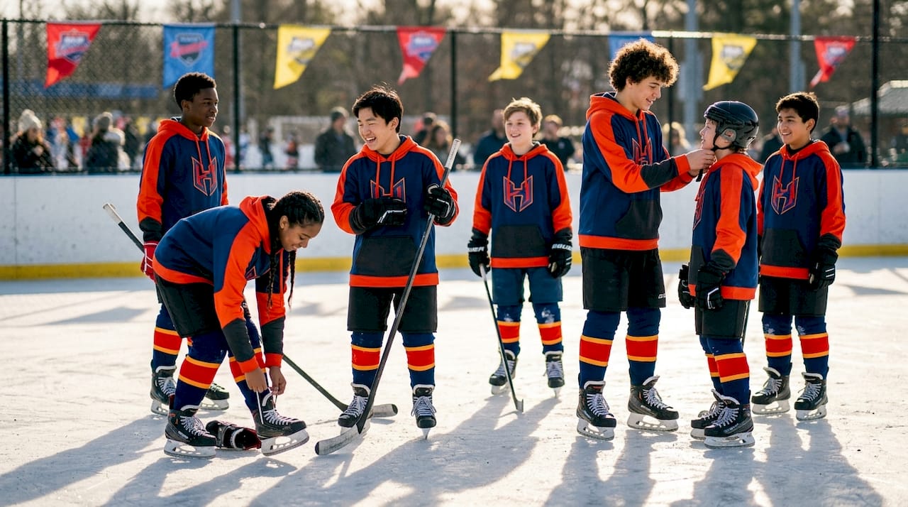 Hockey team wearing matching hoodies in locker room
