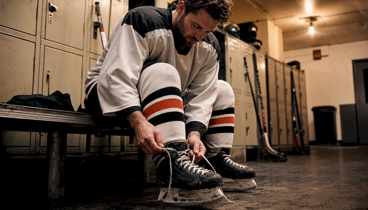 Adult hockey player lacing skates in locker room