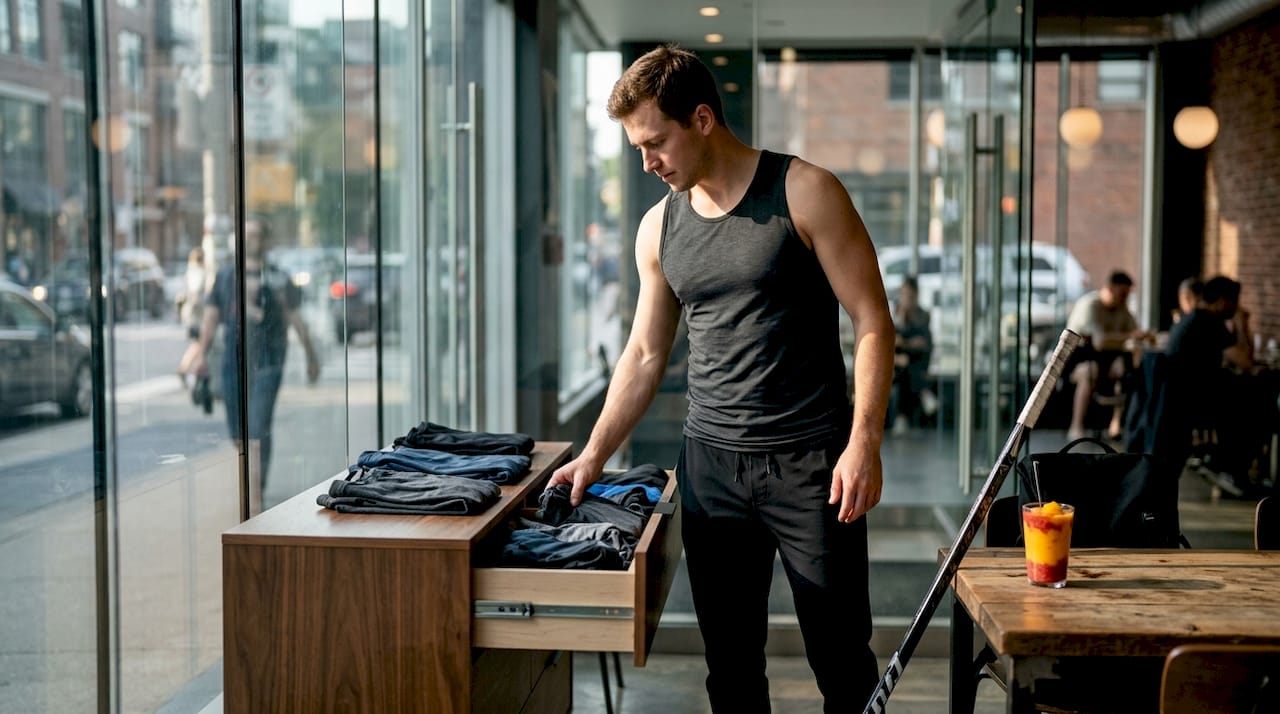 Hockey player choosing training apparel in home gym