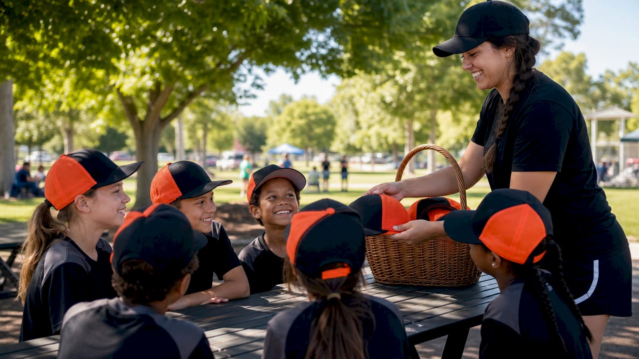 Youth team wearing matching custom hats outdoors