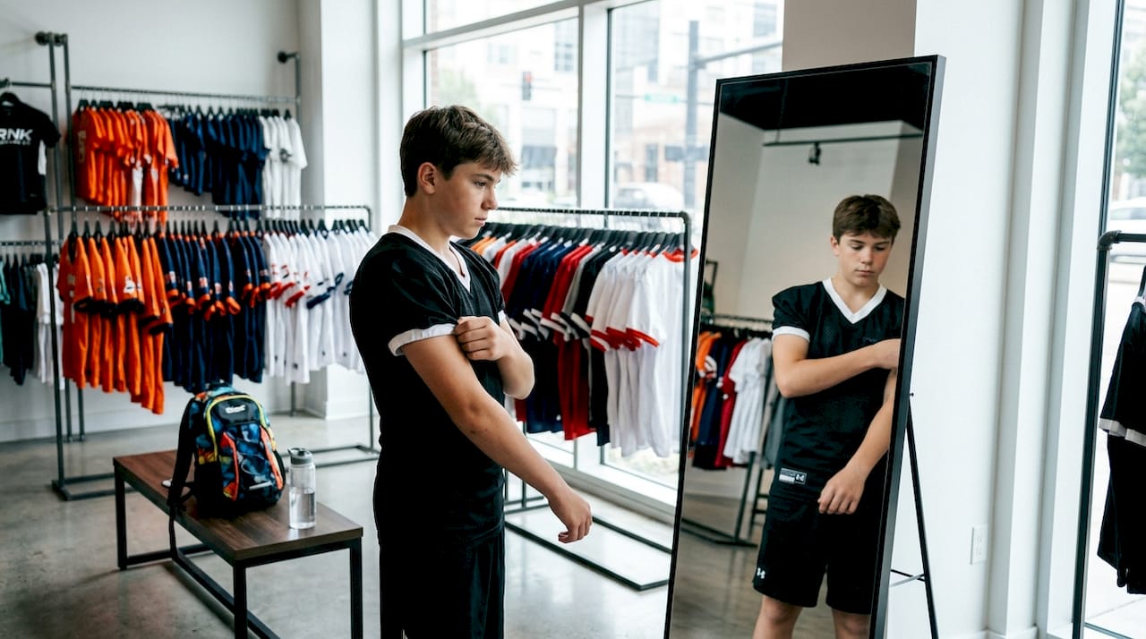 Teen fitting youth sports jersey in store mirror