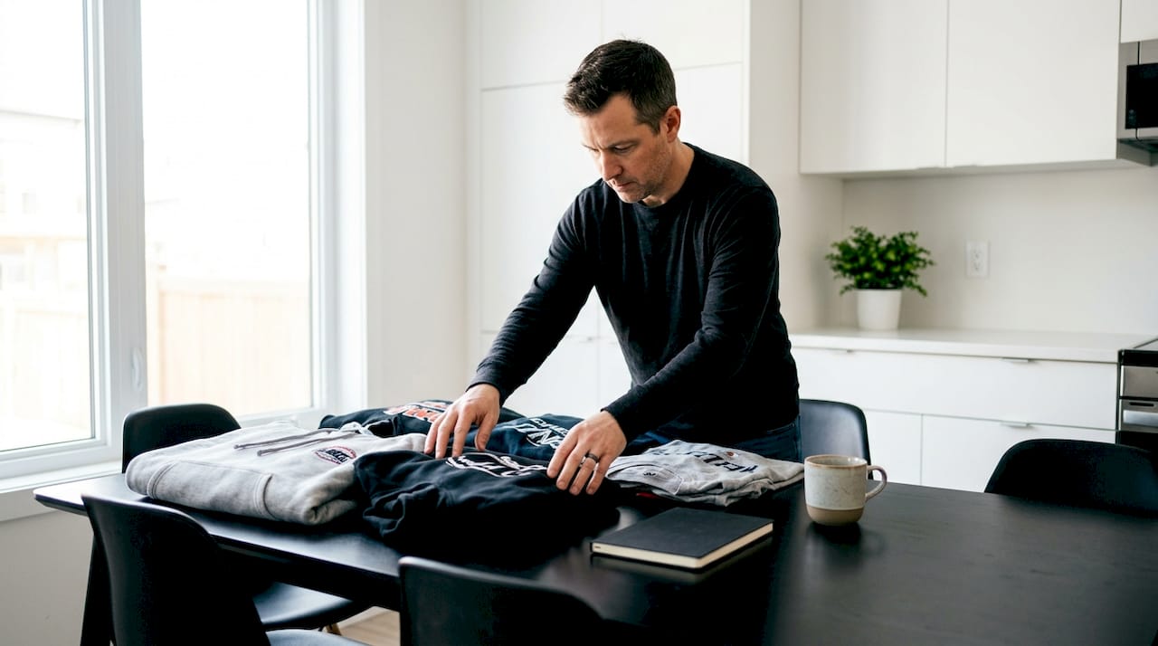 Parent organizing hockey keepsake apparel at home