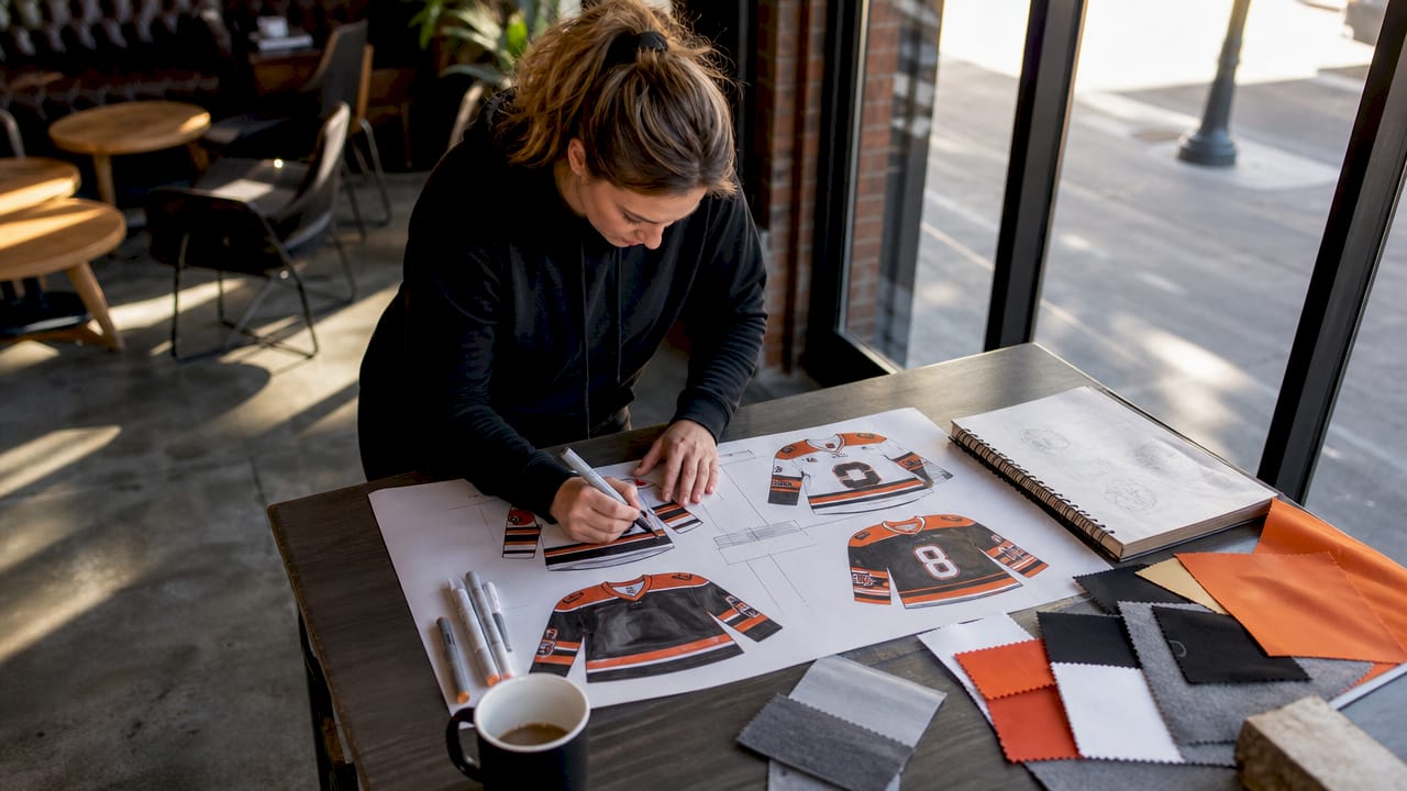 Hockey coach designing custom team apparel at table