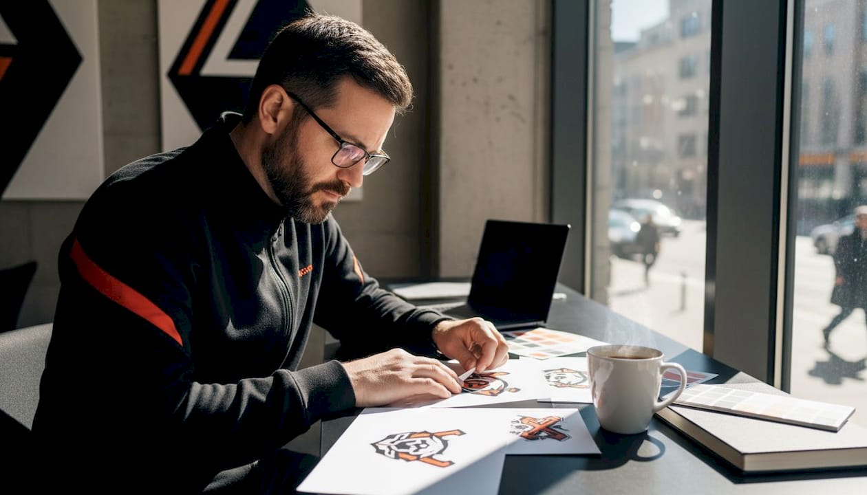 Designer reviewing hockey team logo sketches